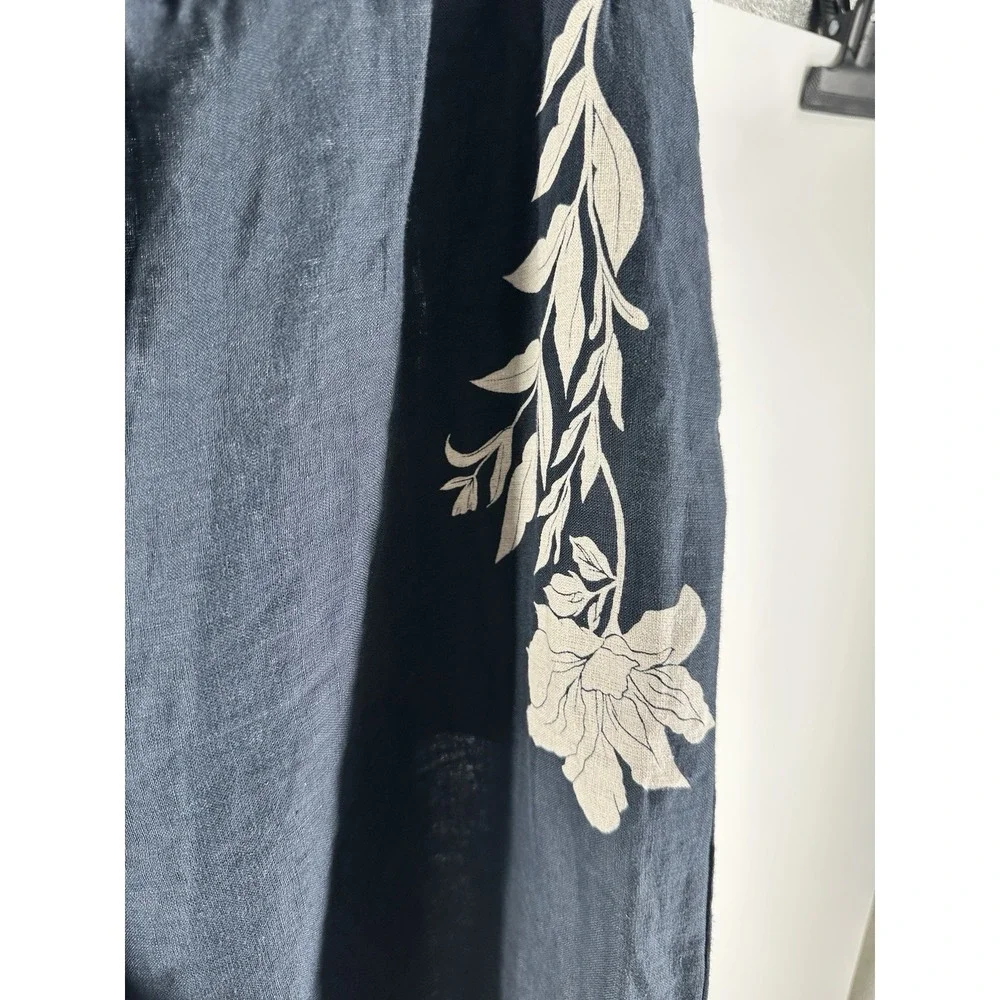 Anthropologie Somerset LINEN WIDE LEG Black Floral Pull-On Pants Cropped Sz M